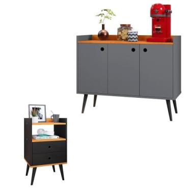 Imagem de Kit Aparador Buffet Wood New Cinza 3 Portas e Mesa de Cabeceira Dream 