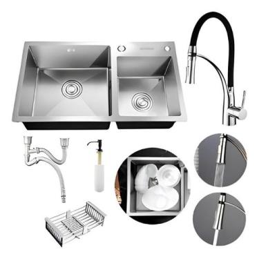 Imagem de Kit Cuba Dupla Cozinha Gourmet E Torneira Flexível Silicone - Brinovar