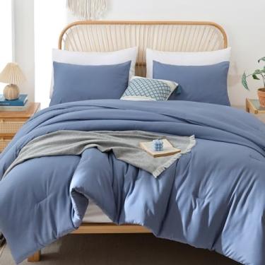 Imagem de ROSGONIA Conjunto de edredom California King, azul ardósia, 3 peças (1 edredom azul boêmio Cal King e 2 fronhas) todas as estações, cobertor de cama leve
