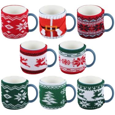 Imagem de 8 peças de caneca de café natalina aconchegante de malha caneca de café suéter capa de manga reutilizável crochê aquecedor de café e chá com botões decoração de caneca de café de inverno para bebedor