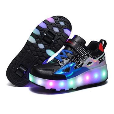 Imagem de HHSTS Sapatos infantis com rodas LED cor clara sapatos brilhantes patins skate sapatos simples presentes para crianças meninos meninas o melhor presente para festa aniversário dia de Natal, E68-preto, azul, 6.5 Big Kid