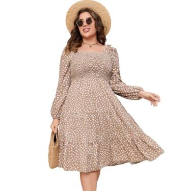 Imagem de ShopWonder Vestidos de verão plus size, sem mangas, gola quadrada, franzido, plissado, evasê, maxi vestido, Cáqui-leopardo longo, GG