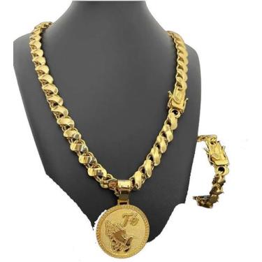 Imagem de Corrente Friso S 12mm + Pulseira + Pingente - Banhado a Ouro - ToJoia1