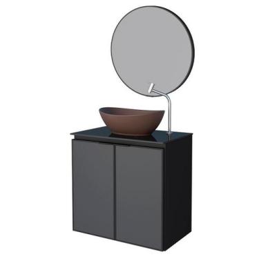 Imagem de Conjunto Banheiro Aço Umbu 60 Preto Com Cuba Bali Marrom Espelho Luna 