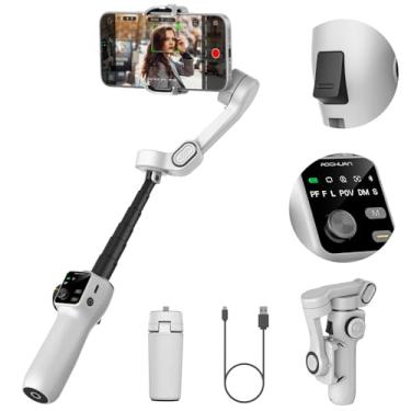 Imagem de AOCHUAN Gimbal de celular para gravação de vídeo com rastreamento de IA, estabilizador de gimbal de vlogging de 3 eixos para iPhone com tela OLED, gimbal para smartphone com haste de extensão de 19