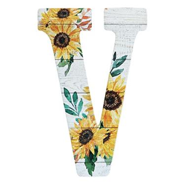Imagem de COLLECTIVE HOME - Letras de madeira de 30,5 cm para decoração de parede, placa de parede rústica, placas de alfabeto decorativas, número de casa, decorações para festa de inauguração de casa de aniversário de casamento, branco lavado, girassol (V)