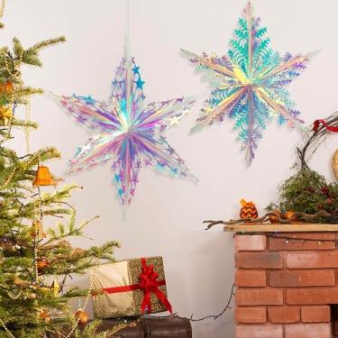Imagem de SONGTIY 2 peças de enfeites decorativos suspensos de floco de neve em favo de mel iridescente, guirlandas de teto de folha iridescente brilhante, para chriatmas, aniversário, casamento, tema