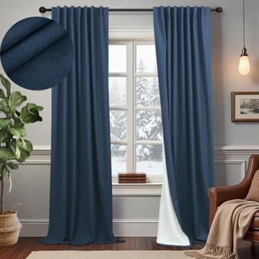 Imagem de Cortinas blecaute azul marinho para sala de estar, 203 cm de comprimento, conjunto de 2 painéis, bolso traseiro, azul escuro, preto, para janela, de linho, cortina de escurecimento térmico para quarto