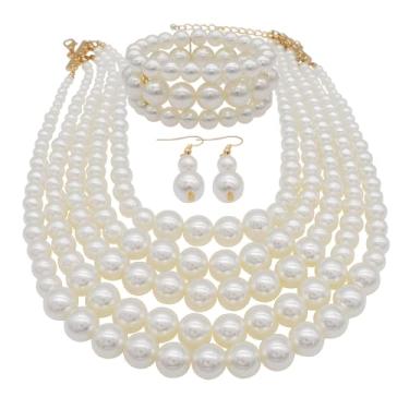 Imagem de We We Conjunto de colar de pérolas falsas grandes para mulheres, cinco fios múltiplos, colar de pérolas, conjunto de brincos e brincos de pérola grande, babador, gargantilha, colares anos 20, conjunto