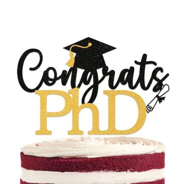 Imagem de Congrats PHD Cake Topper - Ph.D Graduation Cake Decor, Doctorate Degree, Class of 2025 PhD Graduation Party Decorations Gold Black Glitter