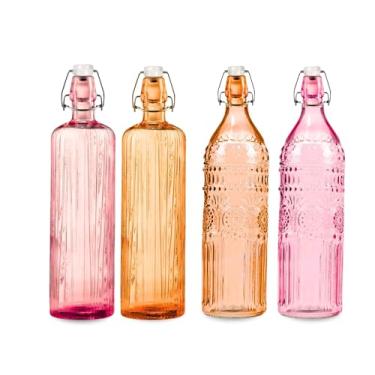 Imagem de Kit 4 Garrafas De Vidro Colorida 1 Litro Agua Suco Resistente C/Tampa Louça Colorida Moderna Cozinha Geladeira Organização Cor