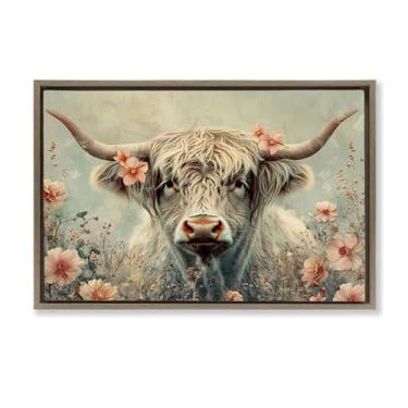 Imagem de Stupell Industries Tela emoldurada de vaca com flores de cerejeira marrom flutuador design de arte de parede por LSR Design Studio, 78 x 53
