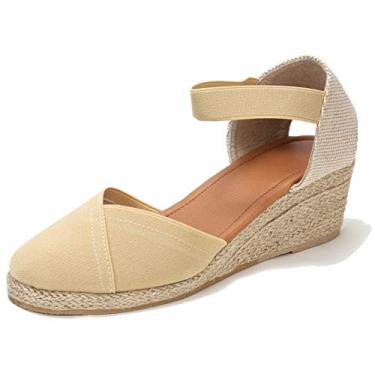 Imagem de U-lite Sandália feminina de 7,6 cm com tira elástica no tornozelo, bico redondo, fechada, alpargatas, salto cunha, Bege, 35