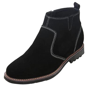 Imagem de Calto sapato masculino invisível com elevação de altura – Botas de couro nobuck preto, cano médio, casual, com zíper – 8,9 cm mais alto – Y41082, Preto, 10