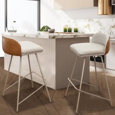 Imagem de Banquetas Modernas para Cozinha, Assento Estofado Bege, Encosto em Couro Marrom, Kit com 2 Unidades