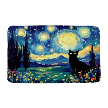 Imagem de Tapete de banho engraçado noite estrelada gato preto gatinho fofo lua estrelas flor rústica moderna pintura a óleo microfibra azul espuma memória tapete de banheiro capacho cozinha banheiro tapete