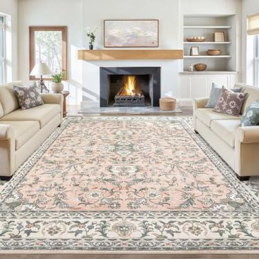 Imagem de Tortania Tapete de área tapetes de sala de estar: 25 x 30 cm lavável vintage floral oriental fazenda grande tapete interno fino para quarto embaixo da mesa de jantar escritório em casa - salmão/creme