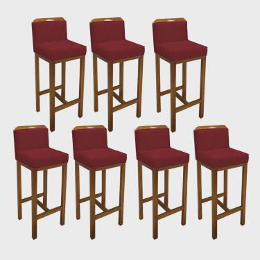 Imagem de Kit 07 Banqueta Alta Com Encosto Simon Cozinha Balcão Bistrô Base Madeira Carvalho Suede Vermelho - Ahz Móveis
