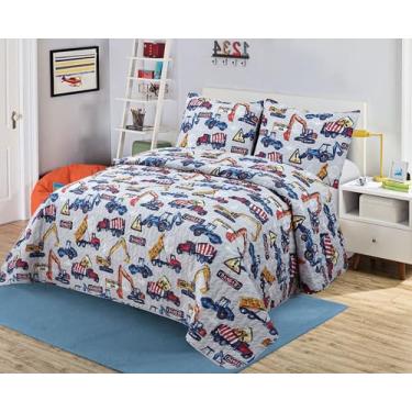Imagem de Conjunto de colcha Kids Zone Collection, veículos de construção, padrão azul e branco com caminhões e escavadeiras, novo solteiro # Const-2