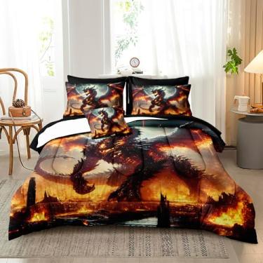 Imagem de Bedbay Jogo de cama king size de dragão de fogo com estampa de dragão de fogo e ficção científica 3D com estampa de dragão de fogo para meninos e meninas e adultos, macio, fofo, para todas as estações