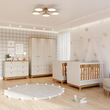 Imagem de Quarto Bebê Gêmeos com 2 Berços Mini Cama Cômoda e Guarda Roupa Liza Permobili