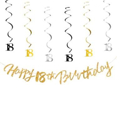 Imagem de OLIVBIN Faixa de aniversário de 18 anos, faixa dourada de feliz aniversário de 18 anos para meninos e meninas, decoração de feliz aniversário de 18 anos, decorações de festa de redemoinhos pendurados