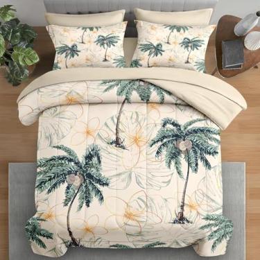 Imagem de Pamnest Jogo de edredom casal, palmeira botânica tropical, verão, 7 peças, para crianças e adultos, coqueiro havaiano, 2 fronhas e 2 fronhas para decoração de quarto