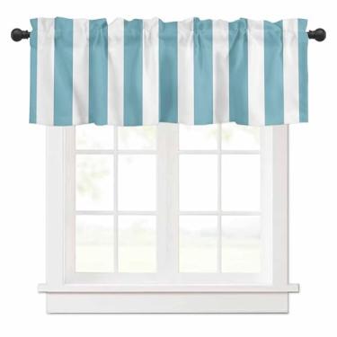 Imagem de Cortinas com listras azuis azul-petróleo, sanefas, cortinas curtas listradas verticais, tratamento de janela para cozinha, sala de estar, quarto, banheiro, café, decoração, 1 painel 137 x 45 cm