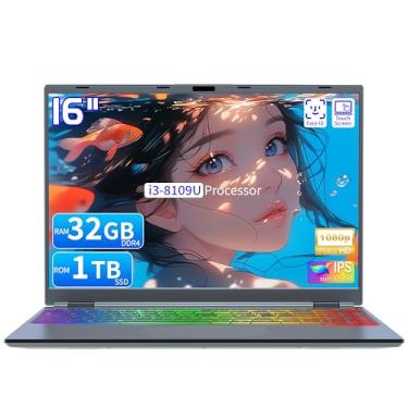 Imagem de OMSERVB Laptop com tela sensível ao toque de 16 polegadas, i3-8109U, 32 GB de RAM, SSD, teclado retroiluminado RGB, reconhecimento de rosto e impressão digital, abertura e fechamento de 180 graus, Win