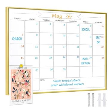 Imagem de Quadro branco com calendário mensal apagável a seco, moldura dourada de alumínio de 33 x 43 cm, quadro branco magnético para parede, escritório, escola, casa, tábua suspensa para decoração, lista de