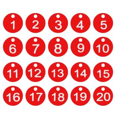 Imagem de PATIKIL 1-20 etiquetas numeradas de plástico redondo numerado identificação identificação chave pendurar etiqueta para chaveiro de dormitório caixa de armário de academia, vermelho com texto branco