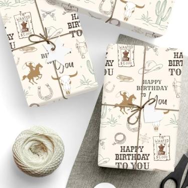 Imagem de FYSUIMU 6 folhas de papel de embrulho de feliz aniversário - não rolo - papel de embrulho de cowboy ocidental dobrado plano para artesanato de aniversário de rodeio do oeste selvagem, faça você mesmo
