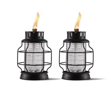 Imagem de TIKI Lanternas de tocha de metal de mesa, pacote com 2 - tochas de mesa externas elegantes para pátio, jardim e quintal, tocha decorativa com pavio de fibra de vidro e snuffer, preto