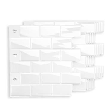 Imagem de Azulejo de parede autoadesivo de 10 folhas – 30,48 cm x 30,5 cm – Aparência de metrô, impermeável e resistente ao calor, fácil DIY Backsplash para locatários, trailers e decoração de casa (branco puro