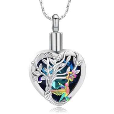Imagem de Imrsanl Árvore da vida joia de cremação para cinzas colar de urna de coração de cristal para mulheres e homens beija-flor pingente memorial cinzas titular lembrança, Aço inoxidável, Sem Pedra Preciosa