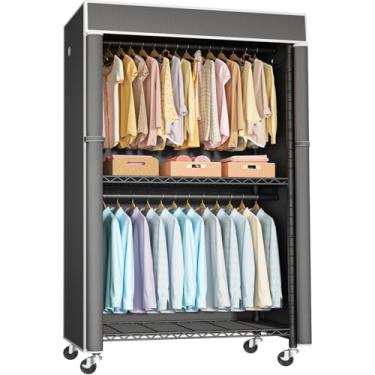 Imagem de FUTASSI Rack de roupas preto com capa cinza escuro, armários com rodinhas P1C, suporte de metal para pendurar roupas, guarda-roupa de armazenamento de roupas, 92 cm L x 42 cm P x 204 cm A, carga 204