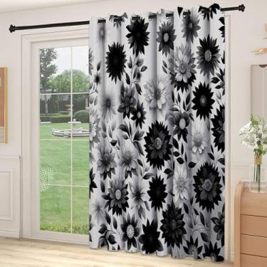 Imagem de Divisória de parede de cortina divisória de quarto preto e branco, flores de jardim vintage desabrochando monocromáticas românticas, cortinas largas isoladas/cortinas de quarto (painel único), L 250 x