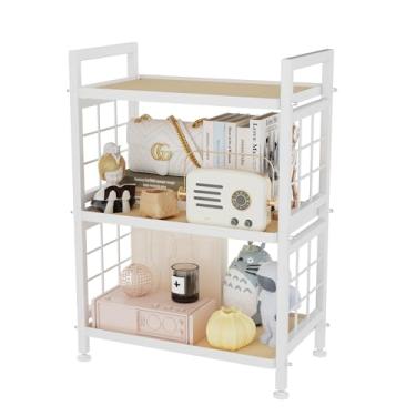 Imagem de GIOTORENT Prateleiras de despensa de 3 camadas com tábuas de madeira, prateleiras de armazenamento resistentes e prateleira de livros, unidade de prateleira de metal ajustável para organizador de