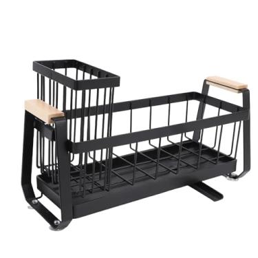 Imagem de Fockety Organizador de Caddy de Pia, Porta -esponja de Bancada de Cozinha Com Bico de Mangueira de Drenagem e Mangueira Retrátil, Organizador de Pia de Aço Carbono para Armazenamento da (BLACK)