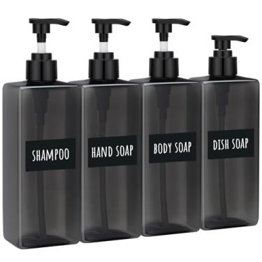 Imagem de Segbeauty Dispensador de xampu de 480 ml, 4 frascos vazios recarregáveis de 500 ml para xampu e condicionador, recipientes de loção de prensa de plástico cinza para banheiro e dispensador de