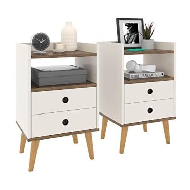 Imagem de Kit 2 Mesinhas de Cabeceira Retrô Jogo Mesa Canto Lateral Cama Gavetas Nicho Decorativo Aparador Quarto Casal Dream - RPM (Off White/Freijó)