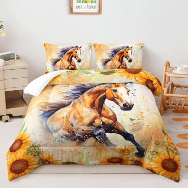 Imagem de AILONEN Jogo de cama casal com cavalos galopantes, cavalos de corrida marrom, conjunto de edredom de cavalo de girassol, 3 peças, 1 colcha + 2 fronhas para uma decoração de quarto serena e inspirada