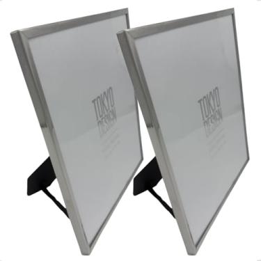 Imagem de Porta Retrato MultiArt Tokyo Design, 20x25 cm, Kit 2 Peças, Aço Inox com Veludo, Horizontal e Vertical (Prata Brilhante)