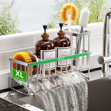 Imagem de Cisily Organizador de pia de cozinha extragrande prata com suporte de escova alto, suporte de esponja para pia, 304 à prova de ferrugem, organizador de dispensador de sabão de bancada de cozinha para