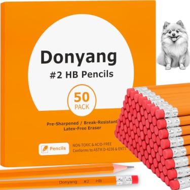 Imagem de Donyang Pacote com 50 lápis HB com caixa de madeira, material de volta às aulas, pré-afiado com borrachas, 2 lápis amarelos HB para escrever, desenhar, esboçar, material escolar para professores para