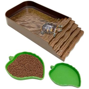 Imagem de PINVNBY 3 peças de prato de comida de tartaruga de plástico para piscina com rampa folha de réptil prato de comida e tigela de água acessórios de habitat de tartaruga para sapo lagarto caixa tartaruga