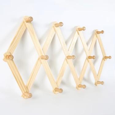 Imagem de AITUFIY Cabide expansível de parede estilo acordeão para chapéu cabide de caneca de café 13 pinos de madeira/ganchos para pendurar bolsa para chave, guarda-chuva e gravata (natural)