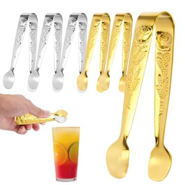 Imagem de 6 peças mini pinças para servir, STNRST-IN pinças de gelo de aço inoxidável de 10 cm, pequena pinça de cubo de açúcar rosa para cozinha, bar, sobremesas, chá, café, festa e aperitivos (ouro, prata)