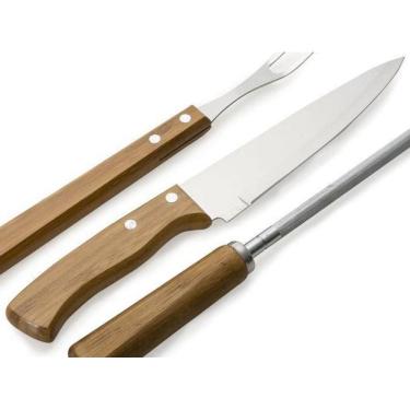 Imagem de Kit Churrasco 3 Peças Garfo Faca E Amolador Aço Inox