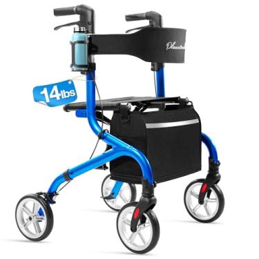 Imagem de PLANET WALK Andador Rollator Superleve Para Idosos, Andador Dobrável Com Assento E Rodas De Borracha De 8" Para Todos Os Terrenos, Botão De Ajuste De Altura Aprimorado Com Porta-Copos, Azul